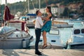 Romantic couple hugging on the beach.Having a fun romantic date.Celebrating anniversary.Valentines day Royalty Free Stock Photo