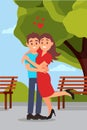 Romantic couple hugging in park, woman raising leg. Wooden benches, green tree and blue sky on background. Flat vector Royalty Free Stock Photo