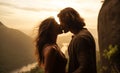 Romantic couple kissing passionately at sunset with mountains background by Generative Ai Royalty Free Stock Photo