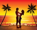 Romantic couple kissing, sunset exotic palms tree Royalty Free Stock Photo
