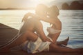 Romantic couple on lake pier Royalty Free Stock Photo