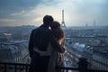 Romantic couple looking at Eiffel tower in Paris, France, Once in Paris. couple rear view on the roof against the Eiffel Tower, AI Royalty Free Stock Photo