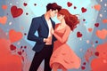 Romantic couple in love on a background of hearts, Young couple in love on valentine\'s day illustration, AI