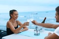 Romantic Couple In Love Having Dinner At Sea Beach Restaurant Royalty Free Stock Photo