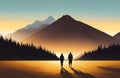 Valentine\'s Day Couple In Love On Hiking Adventure in the countryside. Lovers Concept Art. Generative AI