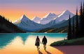 Valentine\'s Day Couple In Love On Hiking Adventure in the countryside. Lovers Concept Art. Generative AI