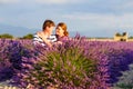 Romantic couple in love in lavender fields in Provence, France Royalty Free Stock Photo