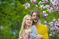 Romantic couple in love in spring garden Royalty Free Stock Photo