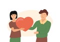 Romantic couple in love. Woman gifting big heart to smiling man. Happy young lovers. Sweethearts flat vector