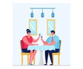 Romantic couple lovely dinner, character male female sitting restaurant, drink wine isolated on white, flat vector