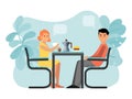 Romantic couple lovely meeting, character male female sitting coffee house isolated on white, flat vector illustration.