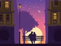 Romantic Couple lovers on bench in the city, under tree, buildings, lantern. Sunset, night, stars. Vector Happy Royalty Free Stock Photo