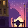 Romantic Couple lovers on bench in the city, under tree, buildings, lantern. Sunset, night, stars. Vector Happy Royalty Free Stock Photo