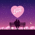 Romantic Couple lovers on bench in park, under trees. Sunset, night, stars. Vector Happy Valentines Day illustration Royalty Free Stock Photo