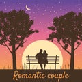 Romantic Couple lovers on bench in park, under trees. Sunset, night, stars. Vector Happy Valentines Day illustration Royalty Free Stock Photo