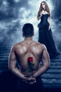 Romantic Couple, Man give Flower to Beautiful Woman, Sexy Lover Athletic Holding Rose