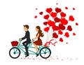 Romantic couple man and woman on a date driving bike with heart balloons.