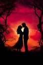 romantic couple of man and woman kissing and hugging at sunset illustration, romance silhouette Royalty Free Stock Photo