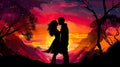 romantic couple of man and woman kissing and hugging at sunset illustration, romance silhouette Royalty Free Stock Photo