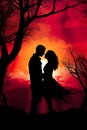 romantic couple of man and woman kissing and hugging at sunset illustration, romance silhouette Royalty Free Stock Photo