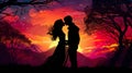 romantic couple of man and woman kissing and hugging at sunset illustration, romance silhouette Royalty Free Stock Photo