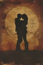 romantic couple of man and woman kissing and hugging at sunset illustration, romance silhouette Royalty Free Stock Photo