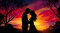 romantic couple of man and woman kissing and hugging at sunset illustration, romance silhouette Royalty Free Stock Photo