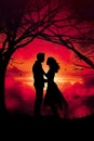 romantic couple of man and woman kissing and hugging at sunset illustration, romance silhouette