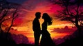 romantic couple of man and woman kissing and hugging at sunset illustration, romance silhouette