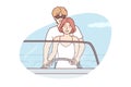 Romantic man and woman at same time control boat holding helm enjoying summer vacation. Vector image Royalty Free Stock Photo