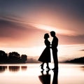 Romantic couple, before marriage and after marriage with silhouette objects and natural scenery.