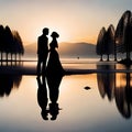 Romantic couple, before marriage and after marriage with silhouette objects and natural scenery.