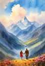 Romantic couple in the mountains. Watercolor Adventure and travel picture. Good for postcards, poster and canvas. Generative AI