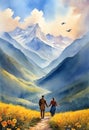 Romantic couple in the mountains. Watercolor Painting Art. Good for postcards, poster and canvas. Generative AI