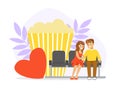 Romantic Couple on Movie Date, Man and Woman Eating Popcorn and watching Movie in the Cinema Vector Illustration