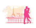 Romantic couple in Paris kissing near the Eiffel Tower. Royalty Free Stock Photo