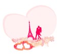 Romantic couple in Paris kissing near the Eiffel Tower. Retro card. Royalty Free Stock Photo