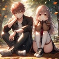 A romantic couple in a park, handsome anime boy, cute anime girl, falling leaves into the air, park, digital anime art, nature