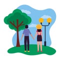 romantic couple in the park with lamp post and tree Royalty Free Stock Photo