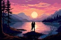 romantic couple in peaceful landscape by lake at sunset AI generated