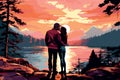 romantic couple in peaceful landscape by lake at sunset AI generated