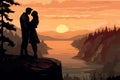 romantic couple in peaceful landscape by lake at sunset AI generated