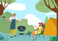 Romantic couple people together outdoor bbq camping, nature outside garden park barbecue cook flat vector illustration