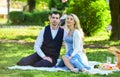 Romantic couple on picnic. love date in spring. summer outdoor leisure. time to relax. couple in love. celebrating