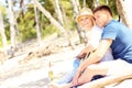 Romantic couple playing guitar at the beach Royalty Free Stock Photo