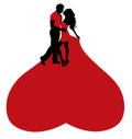 Romantic couple in red costumes and heart shape skirt.