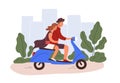 Romantic couple riding a scooter. Young man and woman traveling by motorcycle together in summer. Guy driving moped Royalty Free Stock Photo