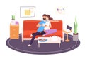 Romantic couple in room. Girlfriend and boyfriend sitting on sofa in apartment. Romantic people, female together indoor