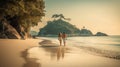 romantic couple seen from behind . Tropical beach. ai generative