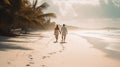 romantic couple seen from behind . Tropical beach. ai generative